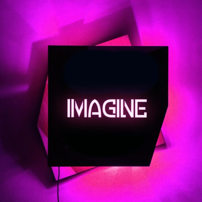 IMAGINE - REBELlamps.com wooden LED sign with pink light on