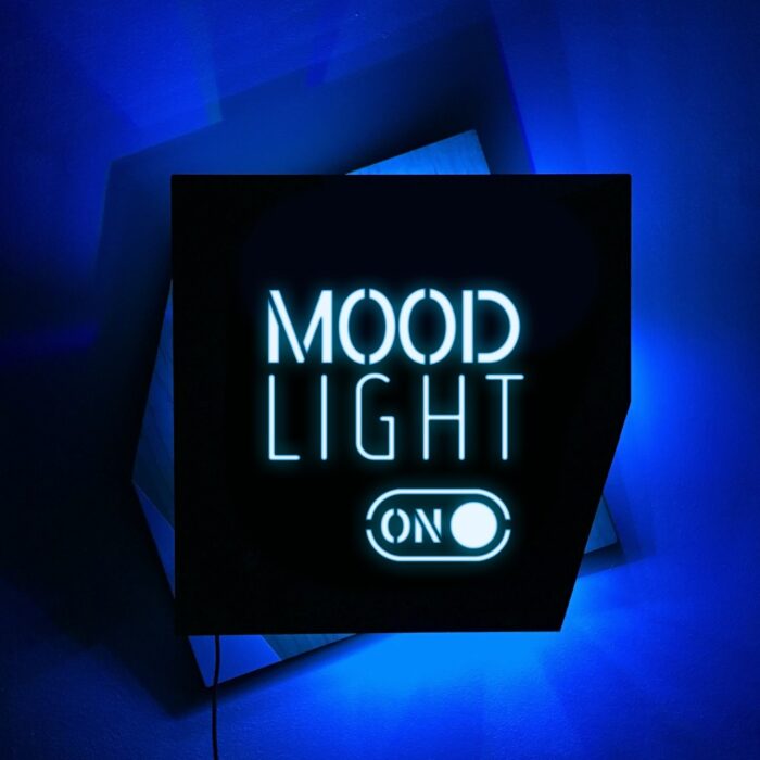 MOOD LIGHT ON - REBELlamps.com LED sign with a blue light on