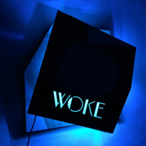 WOKE - color changing, modern, wooden LED sign/mood light with remote control, blue lighting