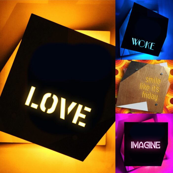 REBEL LAMPS LED wall signs, Love, Woke, Imagine, colorful lights